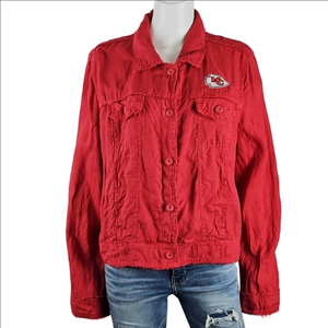 Tommy Bahama Two Palms Linen Red Kansas City Chiefs Trucker Style Jacket